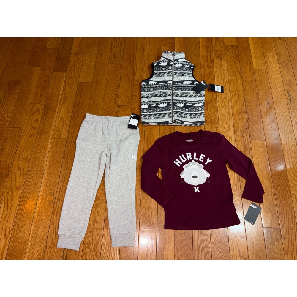 Hurley Boys 3 Piece Set Fleece Vest Long Sleeve Shirt Joggers Anthracite  size 7